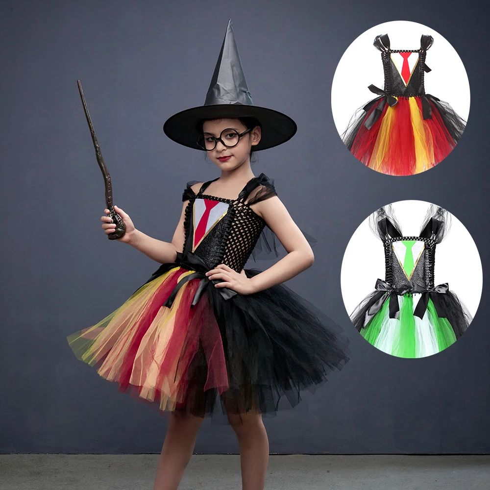 

Girls Little Witch Halloween Fancy Tutu Dress with Hat Wand Potter Hermione School Girl Style Costume for Dress Up Party Clothes