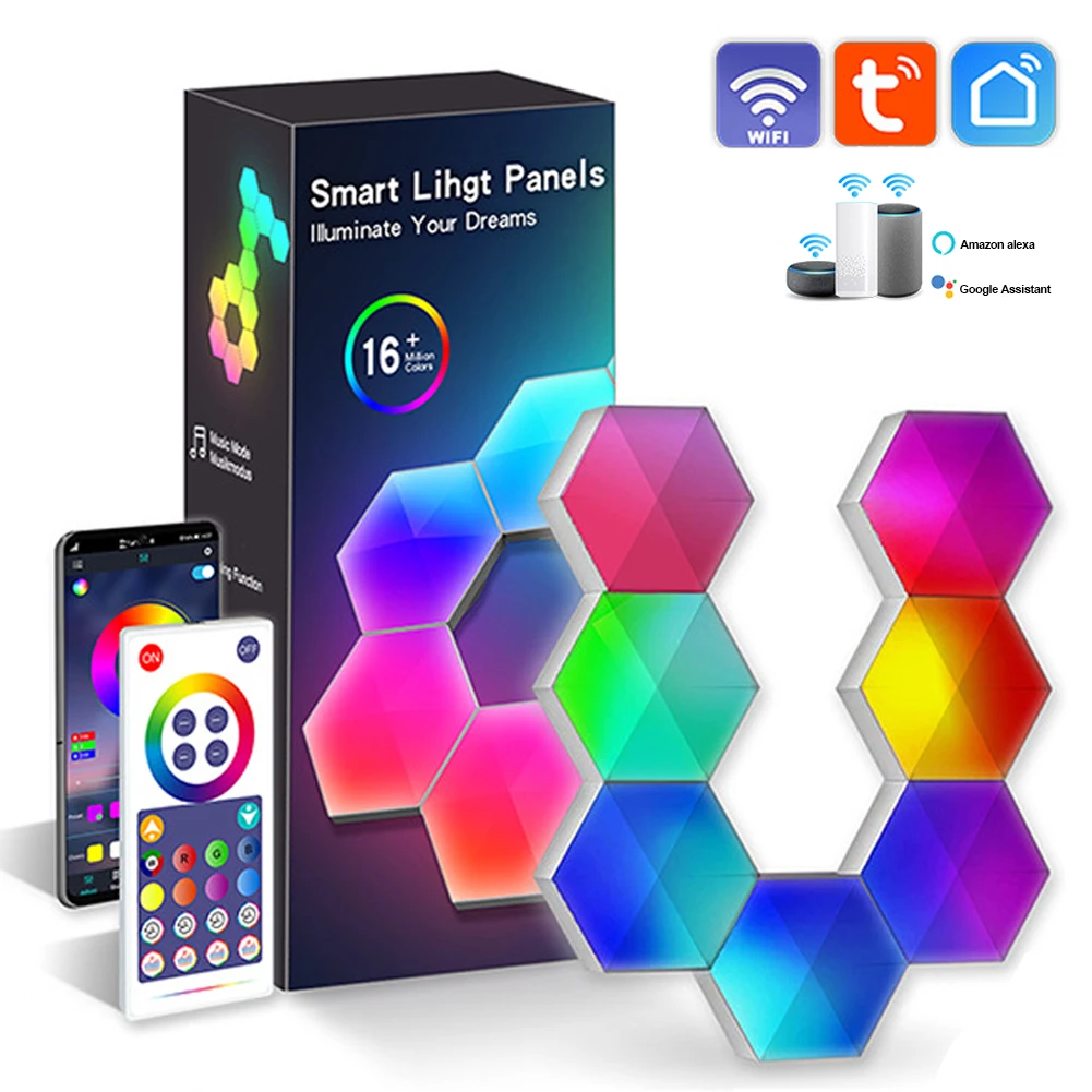 

Умные светильник вые панели с Wi-Fi и USB, светодиодный шестиугольный ночник «сделай сам» для создания ритма музыки и окружающей атмосферы, дек...