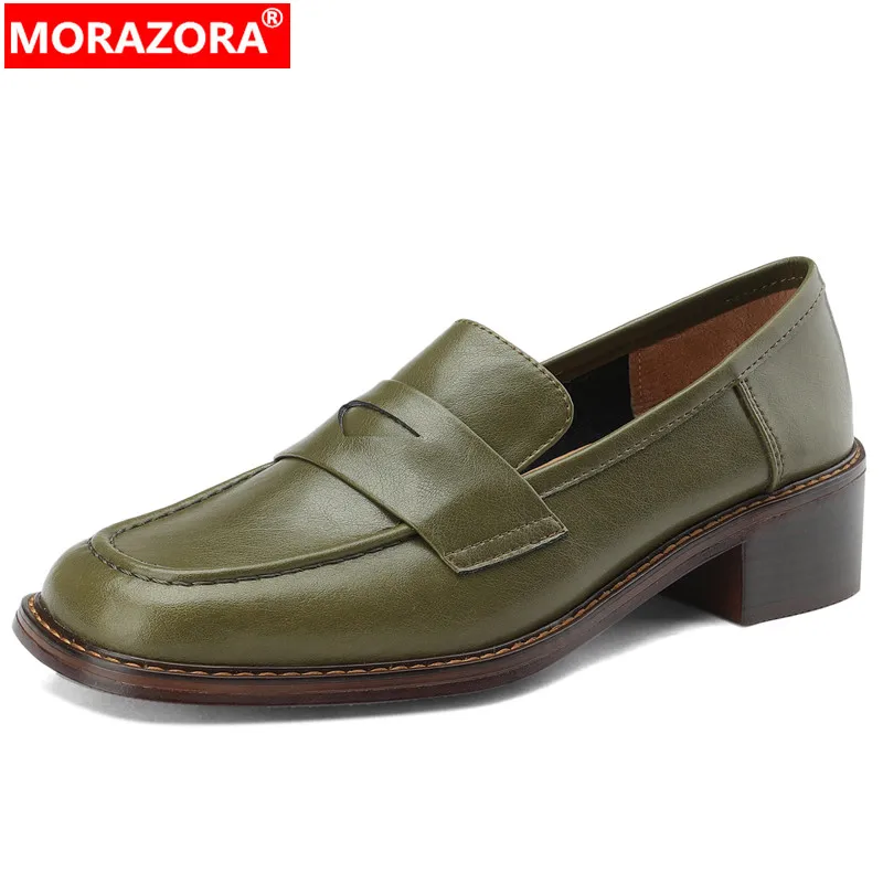 

Женские туфли-лодочки из натуральной кожи MORAZORA, черные или Белые Офисные туфли-лодочки из натуральной кожи на среднем квадратном каблуке, в стиле ретро, лето 2023