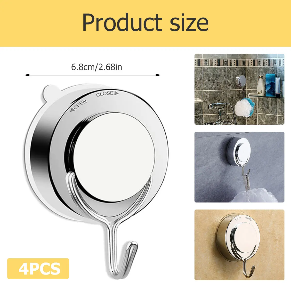 

Suction Cup Hook Stainless Steel 4Pcs No Drilling Silver Vacuum Wall Hooks 11lbs Load-Bearing Capacity for Bathroom 6-1