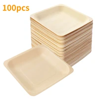 50100pcs square disposable wooden plate and spoon party plates tableware for wedding restaurant picnic birthday 140x140mm