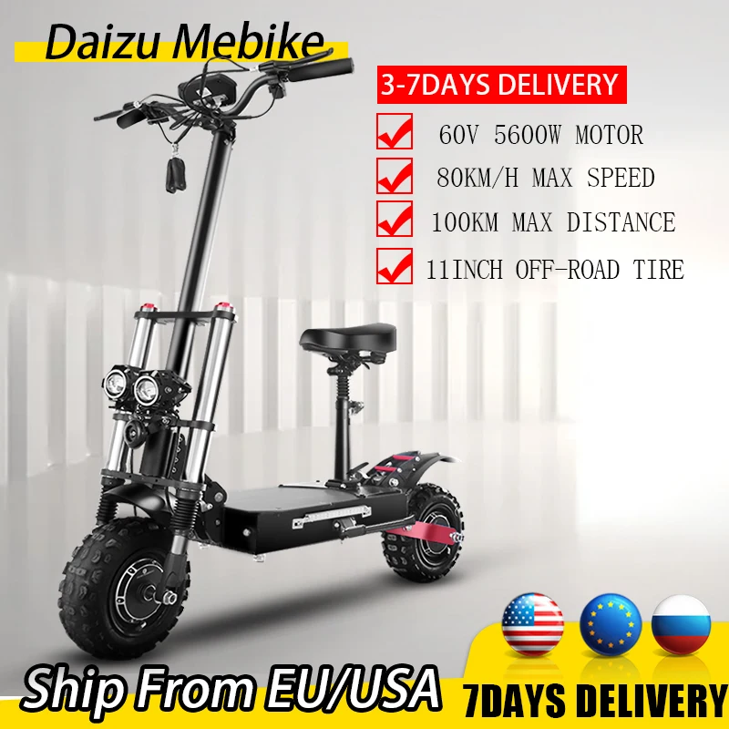 

60V 5600W Dual Motor Electric Scooter 80KM/H Scooter Elecric 11" Off Road E Scooter Foldable Electric Scooters adults with Seat