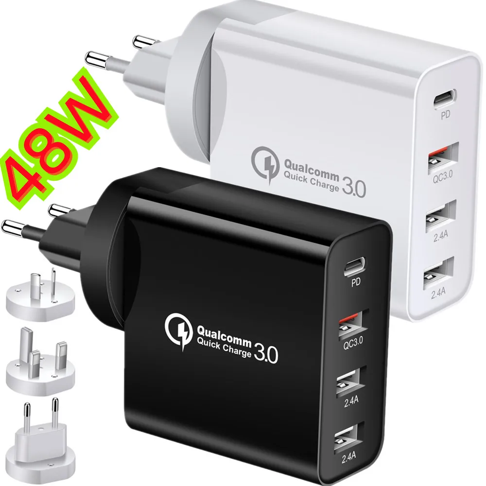 

48W 4 Port Quick Charger PD Type C USB Charger For iPhone 12 13 14 Samsung QC 3.0 Fast Wall Charger EU UK US AU Plug Adapter