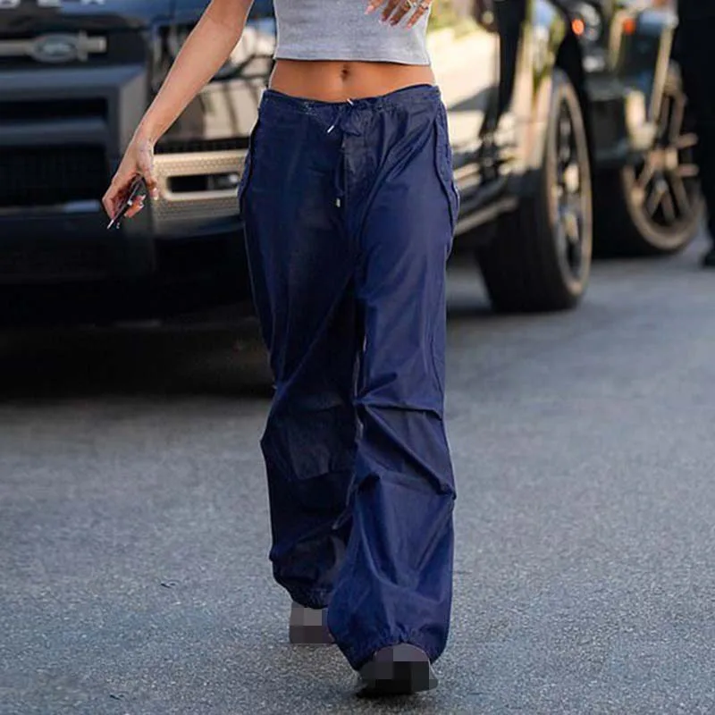

Sexy Low Rise Wide Leg Trousers Summer Women Fashion Drawstring Elastic Waist Black Baggy Pants Female Casual Pocket Cargo Pants