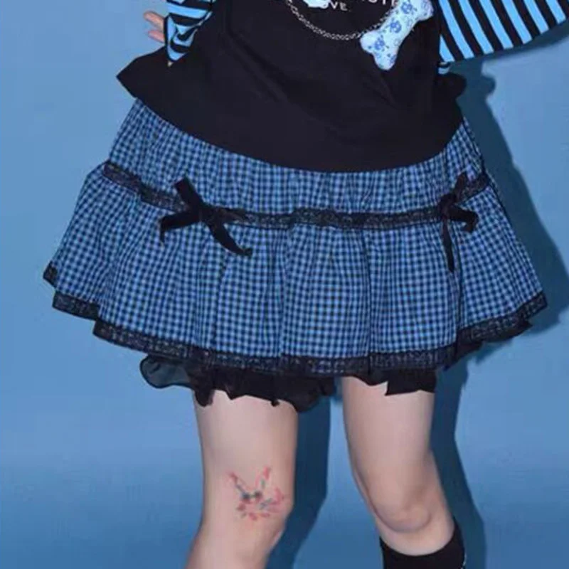 

Blue Plaid Lace Skirts Womens Girls Y2K Summer Vintage Crop Streetwear Cute Mini Pleated Skirt Gothic Hippie Kawaii Goth