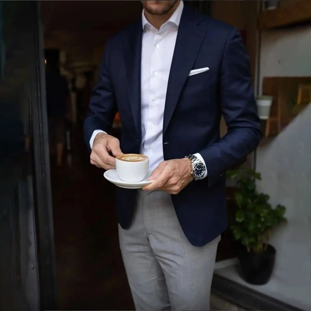 

Модные темно-синие костюмы для мужчин, деловой блейзер с отложным воротником, смокинг для жениха на свадьбу, костюм из двух предметов, мужской пиджак и брюки