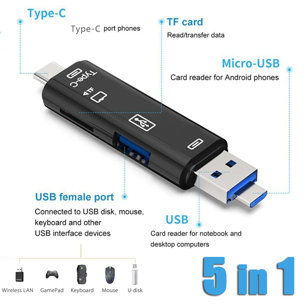 

5 In 1 MultiFunction Type C OTG Memory Card Reader Micro USB 3.1 USB-C TF Adapter Mobile Phone Accessories for Xiaomi Android PC