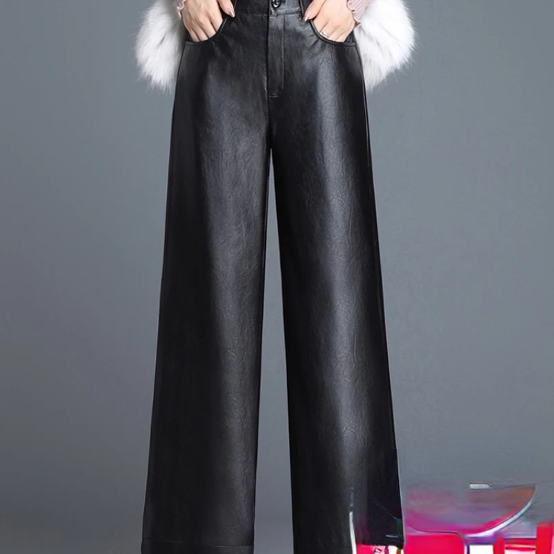 Woman Casual Solid Real Leather Loose Pants Office Ladies Basic Button Zipper Harem Pants Ladies New Fashion Autumn Pants G238