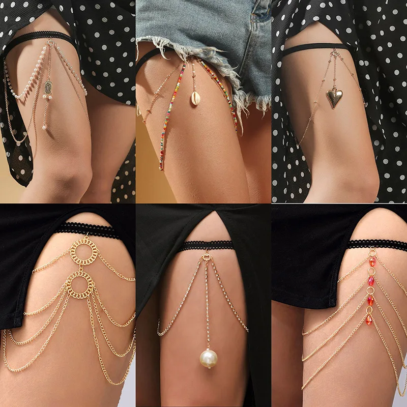 

30pcs Sexy Ladies Leg Chain Shell/ Pearl/Crystal Bohemian Elastic Band Leg Thigh Chain Tassel Multilayer Adjustable Body Jewelry