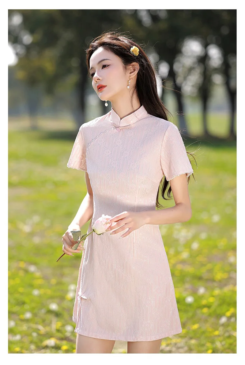 Новинка 2024 женское розовое винтажное короткое платье Cheongsam платья с короткими