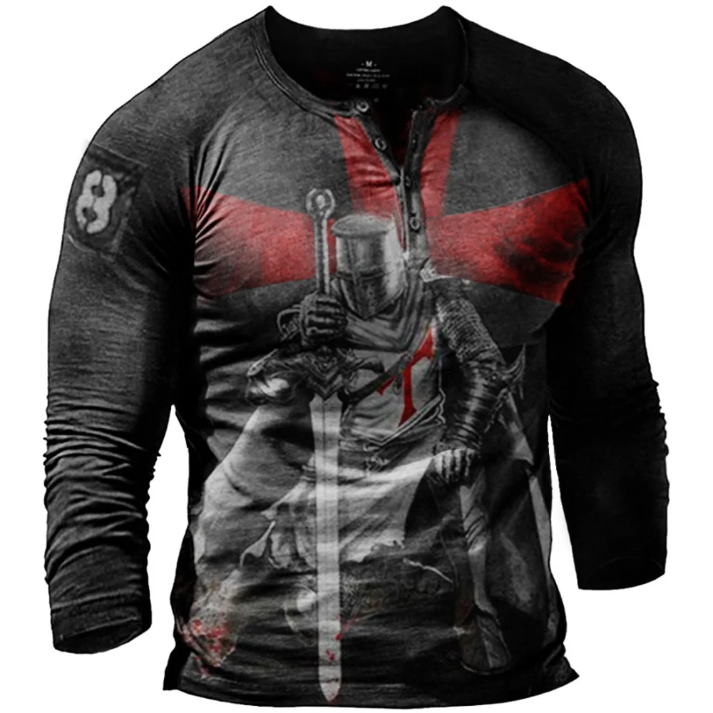 

Vintage Mens Henley Shirt 3d Skull Print Cotton Long Sleeve T Shirt Hip Hop Punk Knight Tops Oversized Tee Shirt Man Clothing