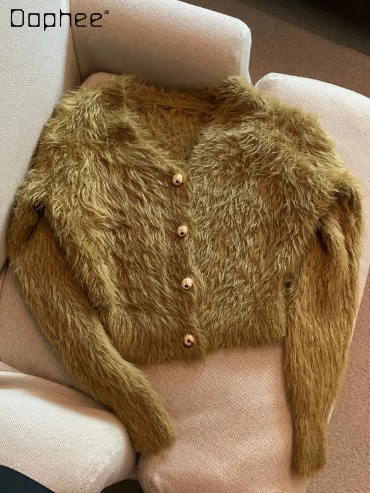

Женское вязаное пальто из меха норки на осень и зиму с длинным рукавом Новинка 2022 просторный утепленный короткий кардиган в стиле ретро