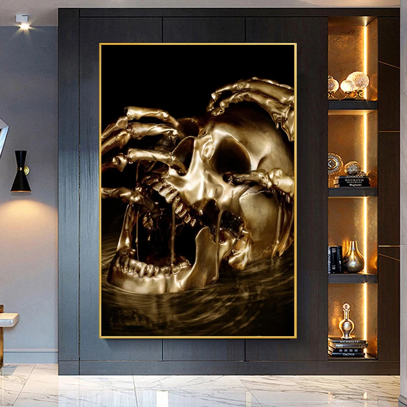 

Golden Skull Statue Canvas Painting Nordic Sculpture Modern Poster Print Wall Art Picture for Living Room Hotel Home Decoration