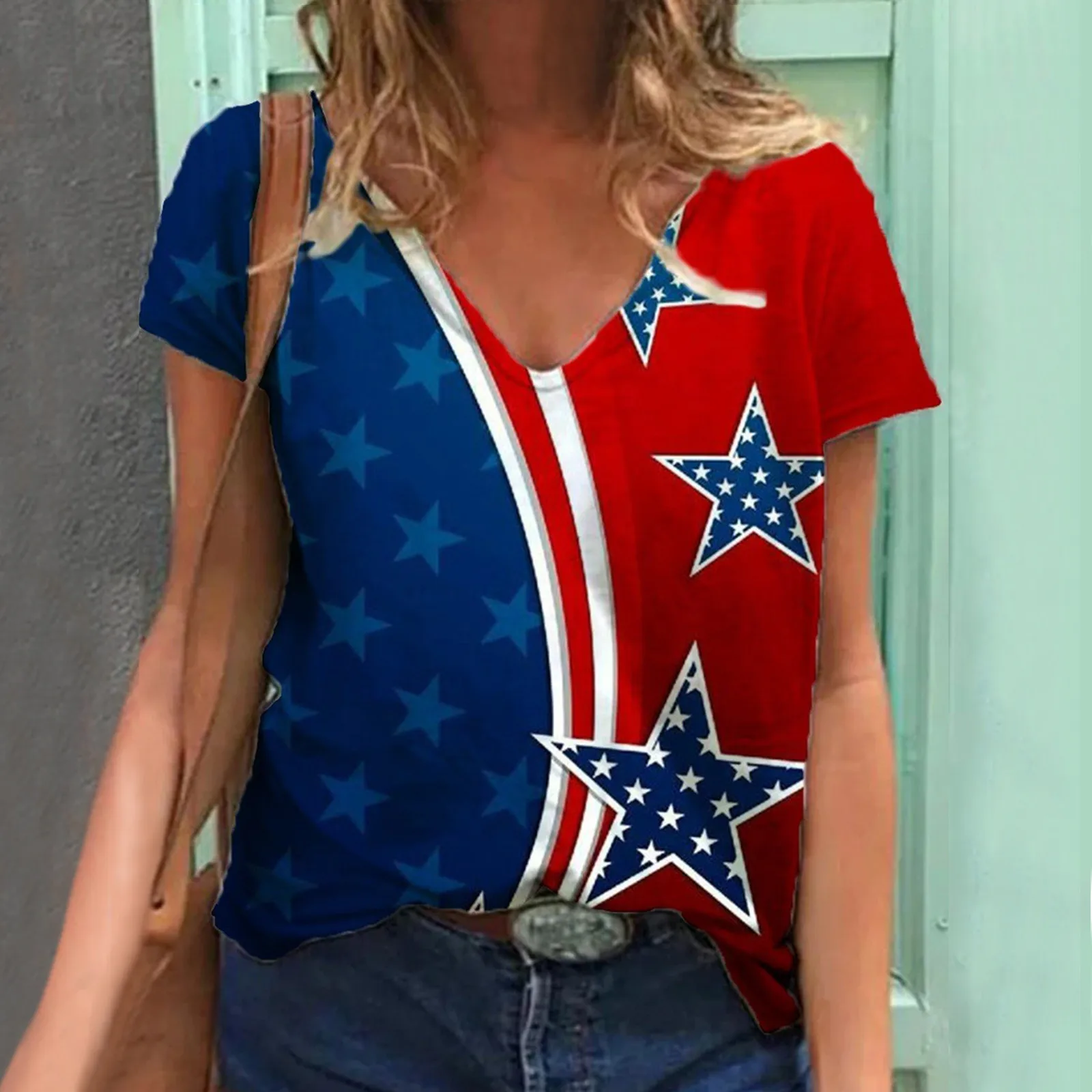 

Day Sleeve Womens Hand Pullover Shirt V Painted American Shirt Independence Neck Shirt Cotton T Shirts for Women Multi Pack