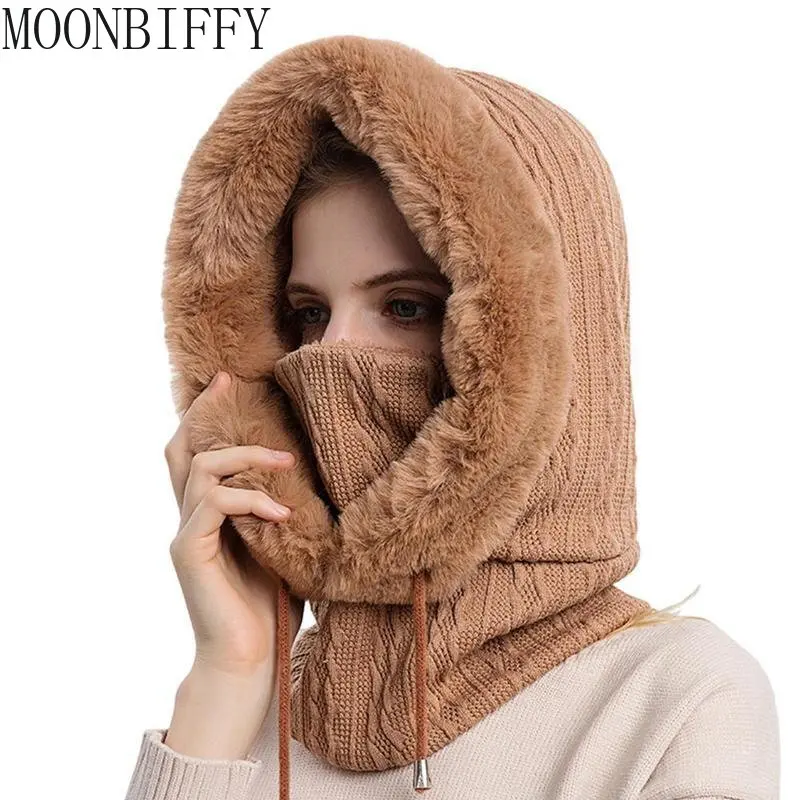 

Winter Knitted Hats Hat Hooded Neck Scarf Mask Warm Thicken Caps Outdoor Cycling Skiing Windproof Hat Plush Fluffy Beanies Caps
