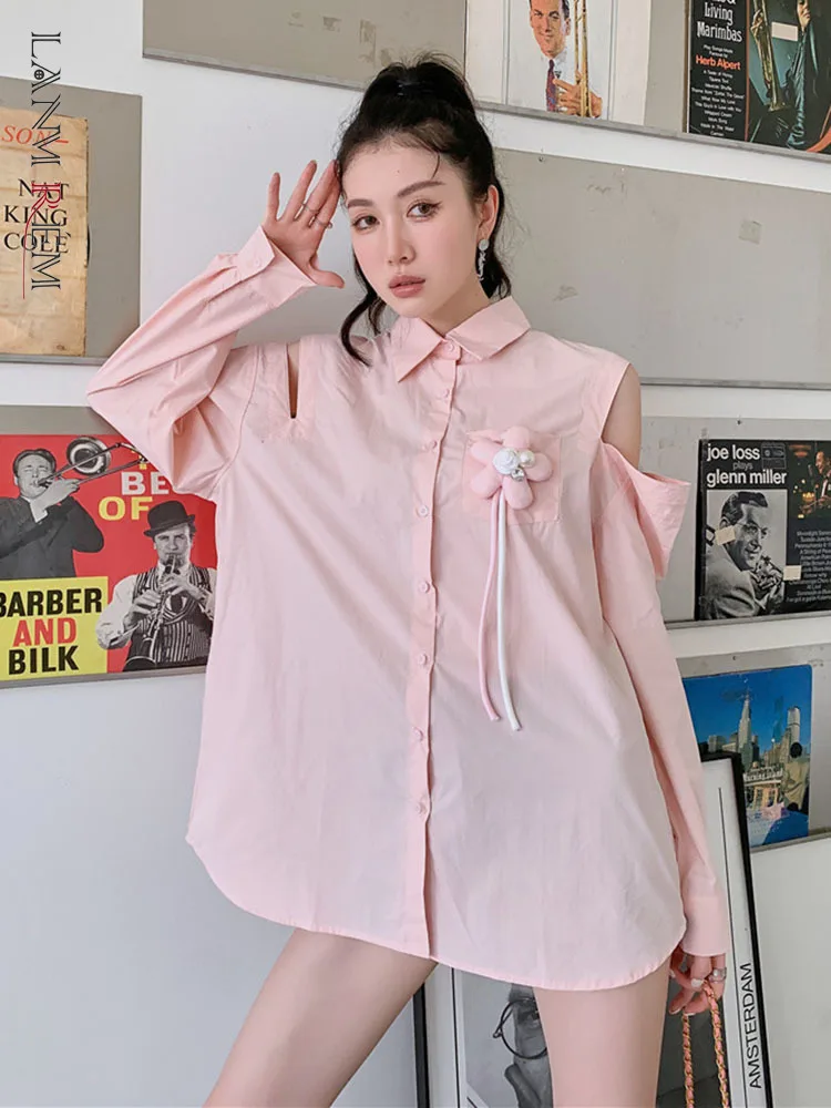 

LANMREM Three-dimensional Flower Off Shoulder Shirt Women Lapel Long Sleeve Single Breasted Loose Female Tops 2022 Summer 2I658