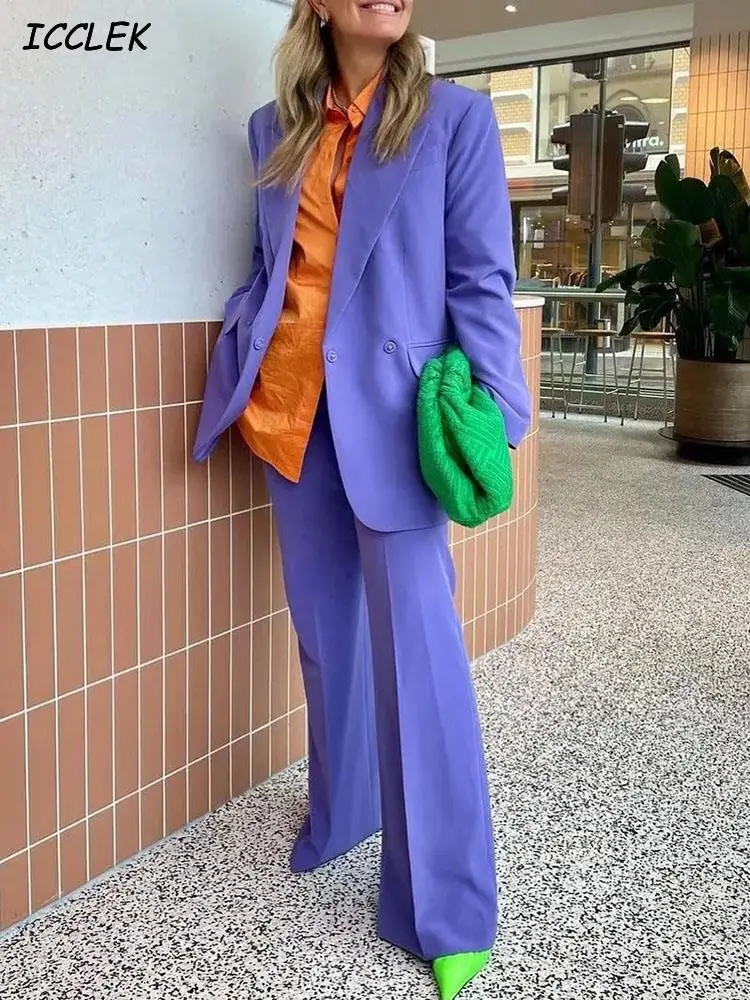 

Icclek Set Woman 2 Pieces Chic Purple Women's Pantsuit Office Lady Trouser Suit Women's Suit Blazer And Pants Blazer Outfit Pant