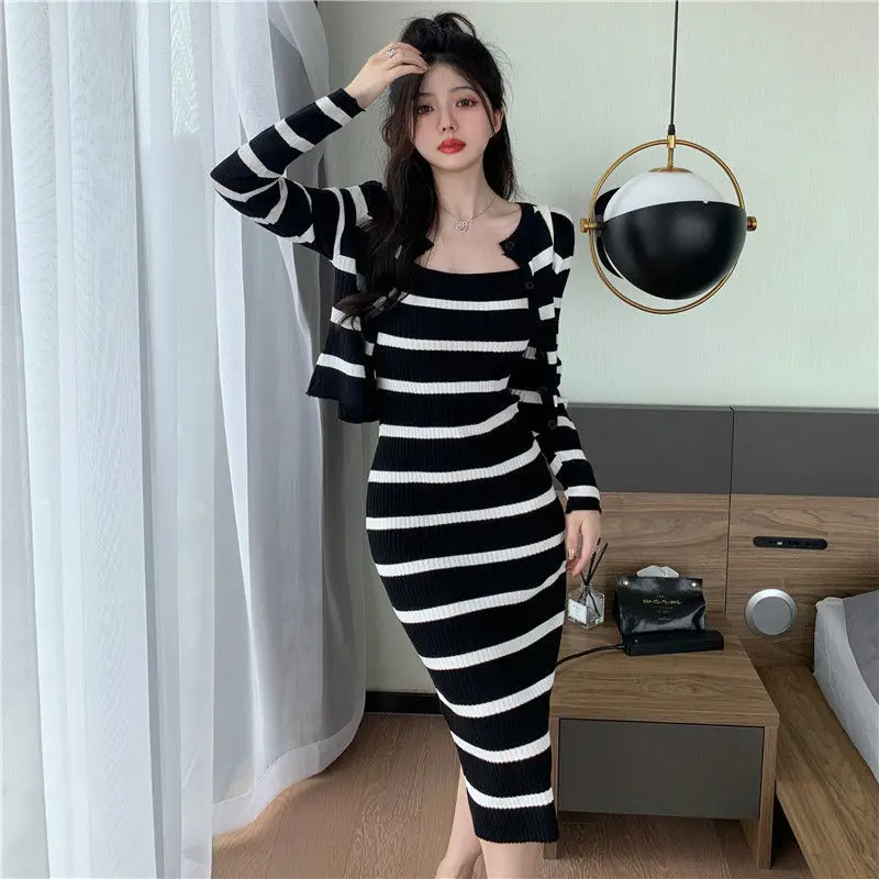 

Two Sets of Long Dress Women Long Sleeve Cardigan with Stripe Knitted Strap Skirt Two Piece Set Outfits Spring Autumn