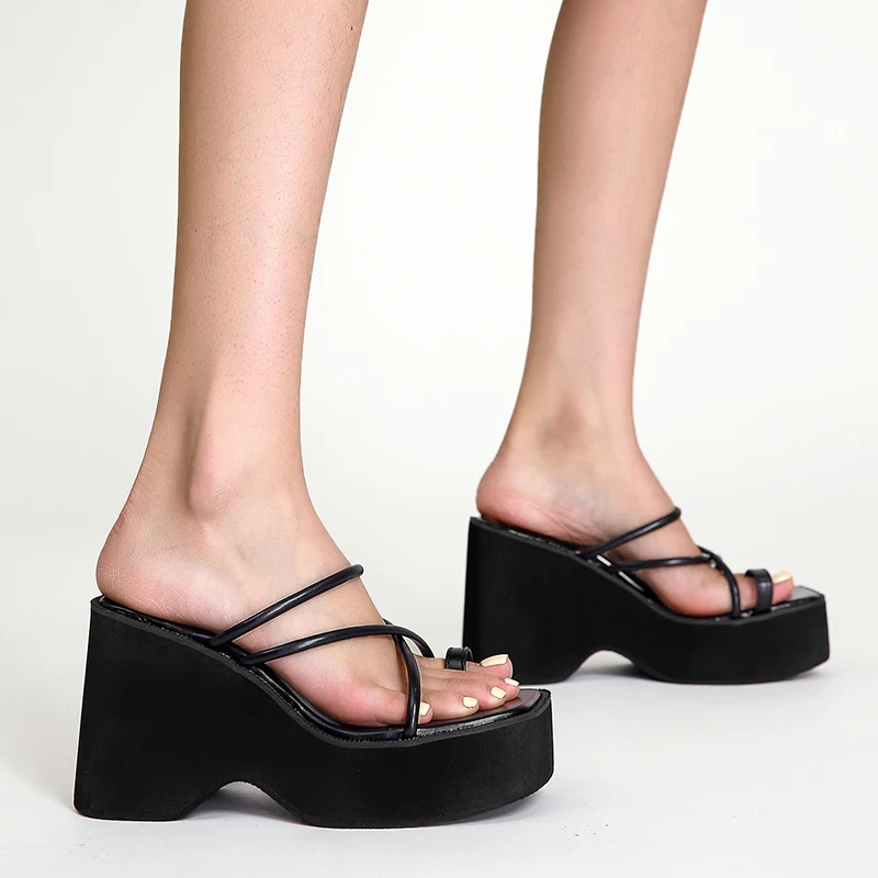 

Slippers Women Black Platforms High Heel Sandals Black Wedges Shoes Summer Belt Ladies Slippers Wedge Heels Sandales Femmes