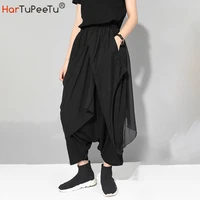 black cross pants harajuku women 2022 summer fashion trousers thin patchwork layered chiffon hip hop drop crotch streetwear