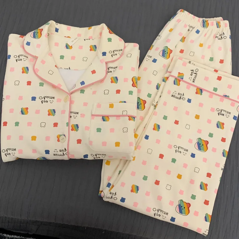 Sweet Style Pajamas Women's Spring and Autumn Imitation Cotton High Grade Long Sleeve Pants Two Piece Set Cute Student Home Fury