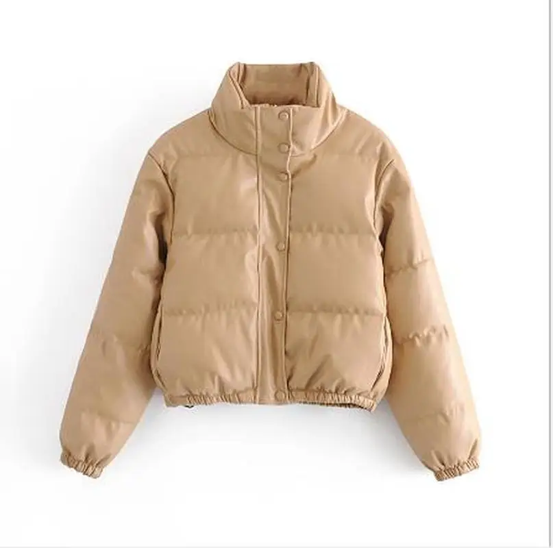 Women Casual High Waist Short Cotton Jacket Female Black Wild Thin Zipper Cotton Stand Collar Imitation Leather Cotton Coat New