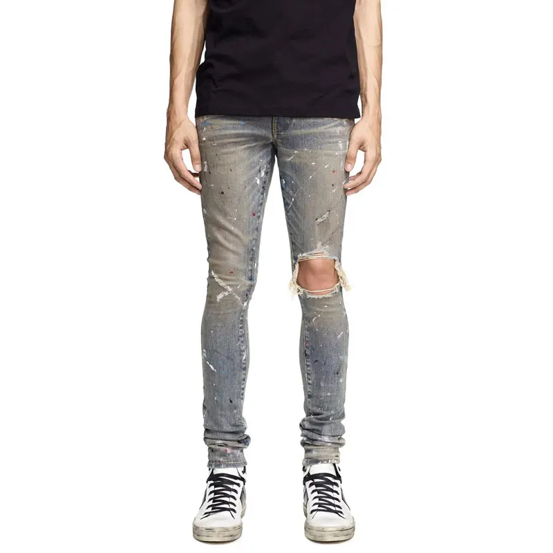 Streetwear Fashion Men Jeans Retro Washed Stretch Skinny Fit Hole Ripped Jeans Men Painted Designer Hip Hop Brand Pants Hombre