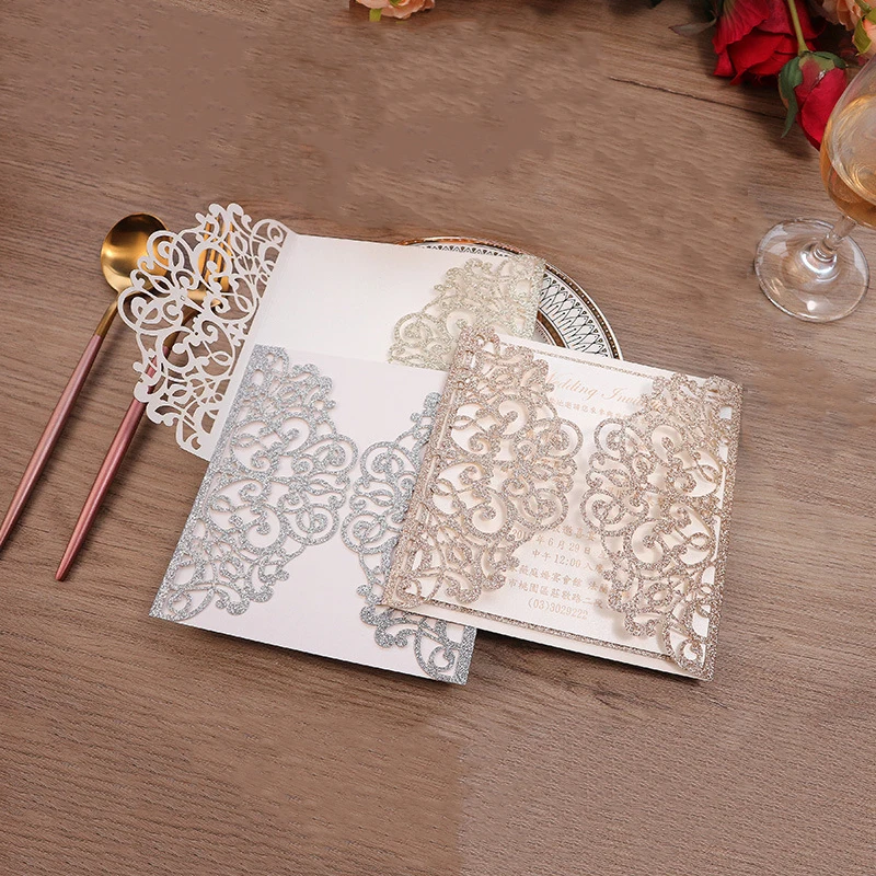 10pcs Glitter Paper Square Wedding Invitations Pocket Laser Hollow Romantic Invitation Card Gift Greeting Cards Party Supplies