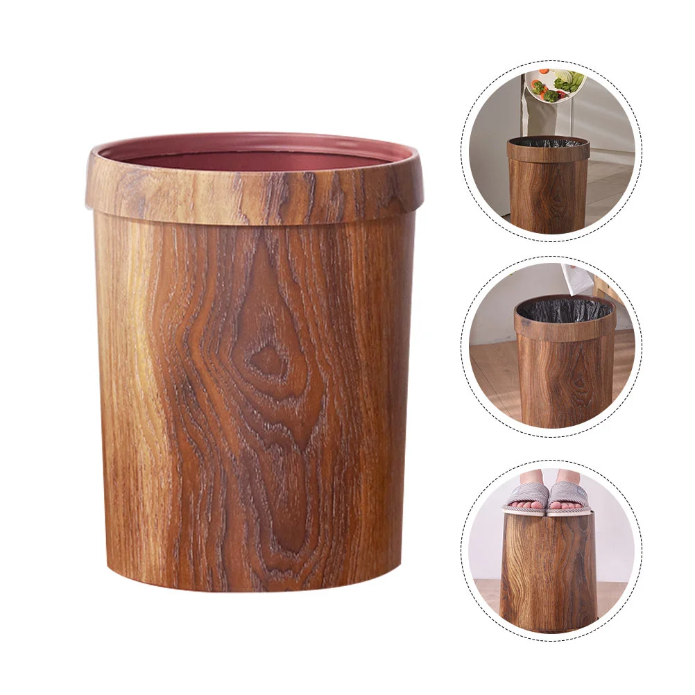 Wood Grain Trash Can Simple Round Litter Box Car Lid Stainless Steel Uncovered Waste Bin Container Home