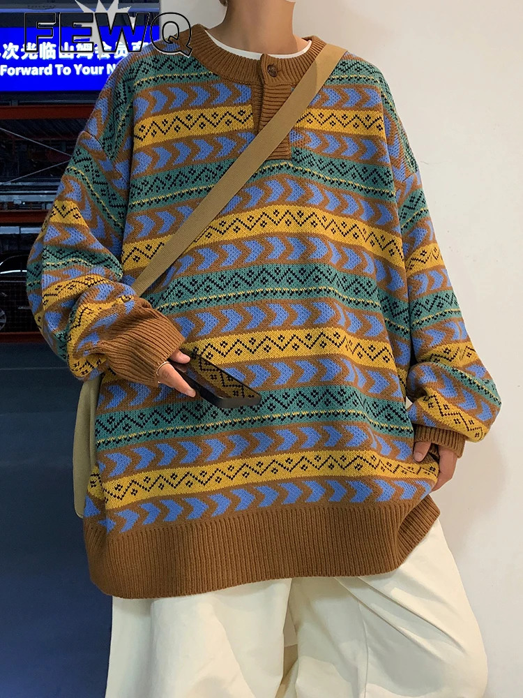 

FEWQ Male New Loose Knitted Sweater Button Round Collar Contrast Color Retro Men's Sweaters 2023 Autumn Striped Pullovers 24A878