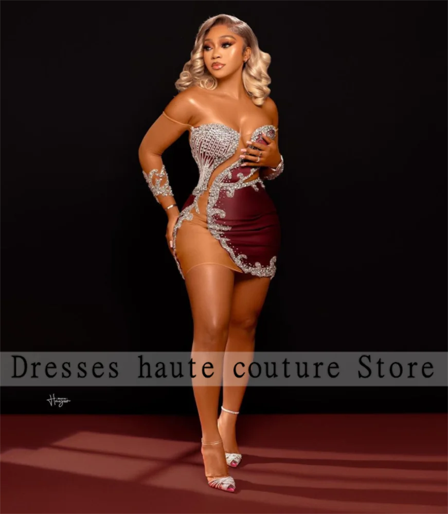 

Trendy African Women Plus Size Short Cocktail Dress Sheer Long Sleeves Beaded Prom Party Dresses Celebrity Dress 2022 Aso Ebi