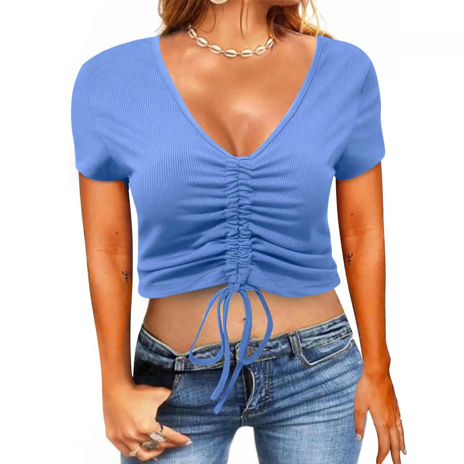 

2022 summer new ok European beauty slim fashion V-neck T-shirt 3185