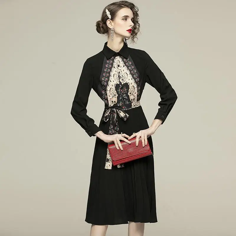 

RMZM Ethnic Lapel Dress Slim Fit Print Long Sleeve Long Dress Women's Dress Everyday Life