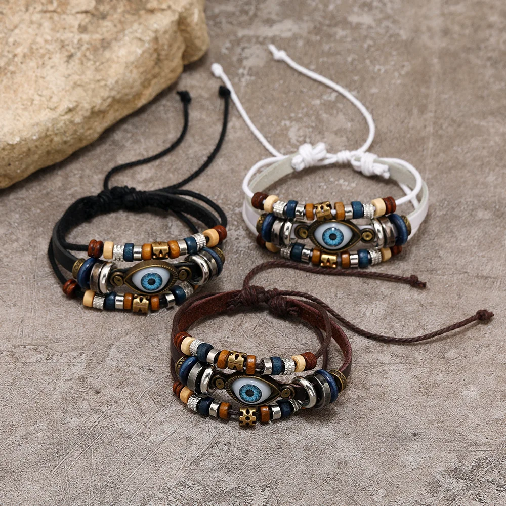 

New vintage trendy hand-woven eye leather bracelet
