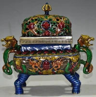 china brass cloisonne double dragon ear incense burner crafts statue