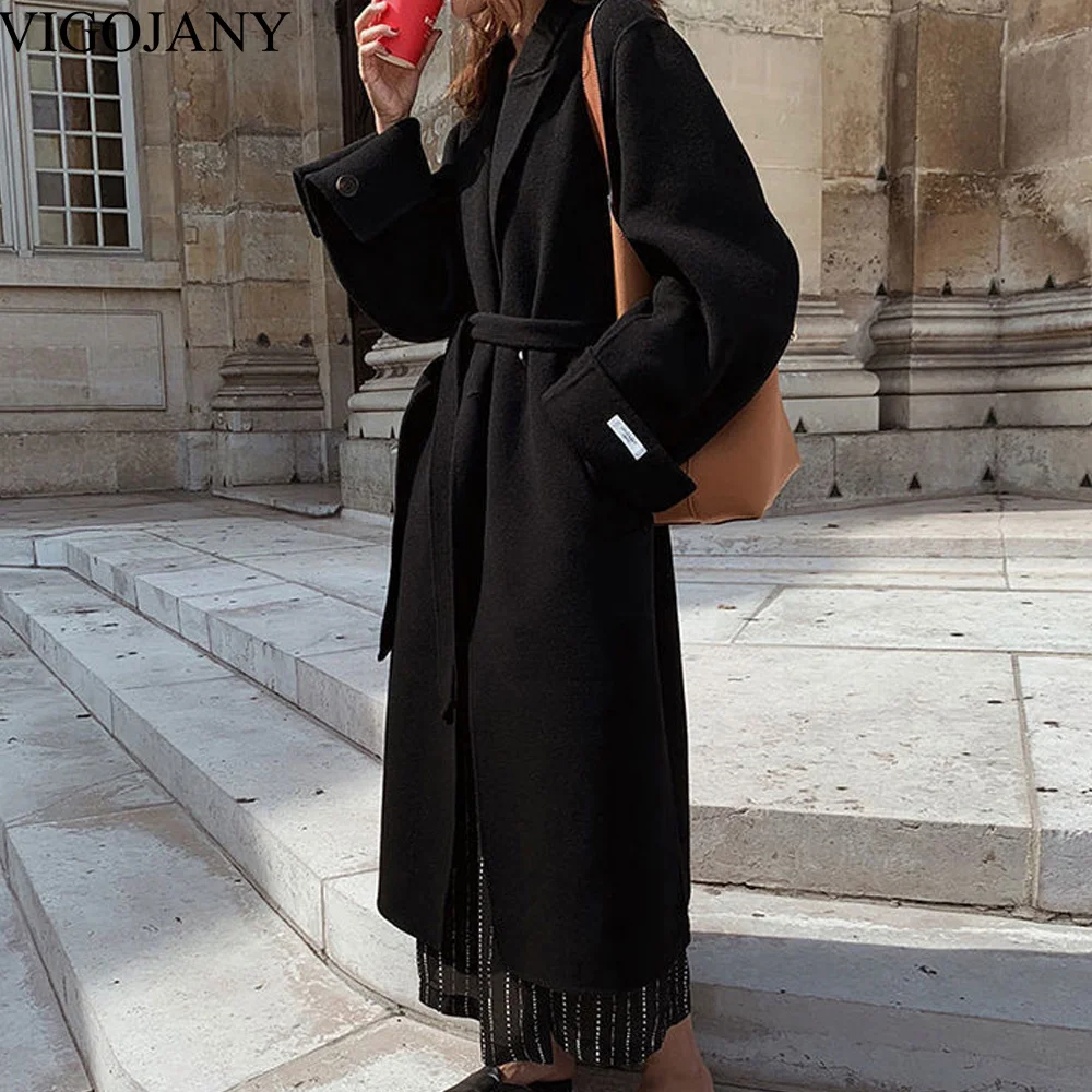 Vigojany Women Autumn Winter Black Overcoat 2022 Turndown Collar Thick Long Sleeved Female Jacket Trend Looes Belt Woolen Coat