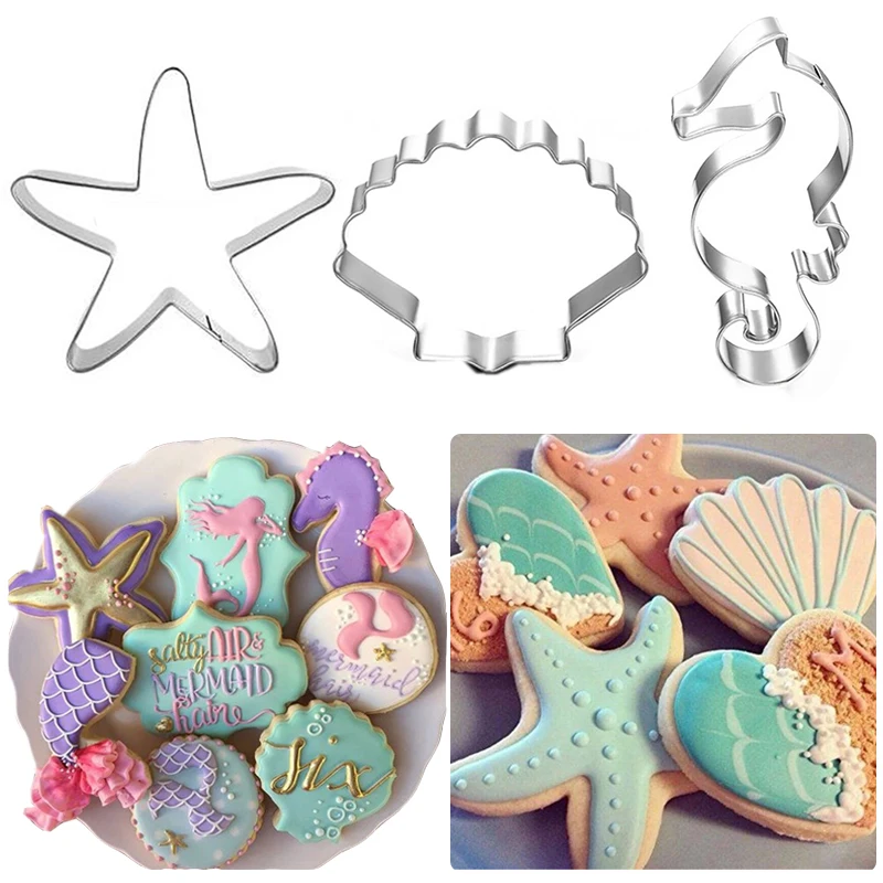 

3Pcs Starfish Seashells Seahorse Cookie Cutter Mermaid Tail Baking Biscuit Mold Under The Sea Kids Mermaid Birthday Party Decor