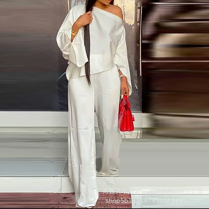 

Women 2pcs Clothes Set Satin Cold Shoulder Bell Sleeve Solid Color Top & Full Length Wide Leg Loose Pants Suit