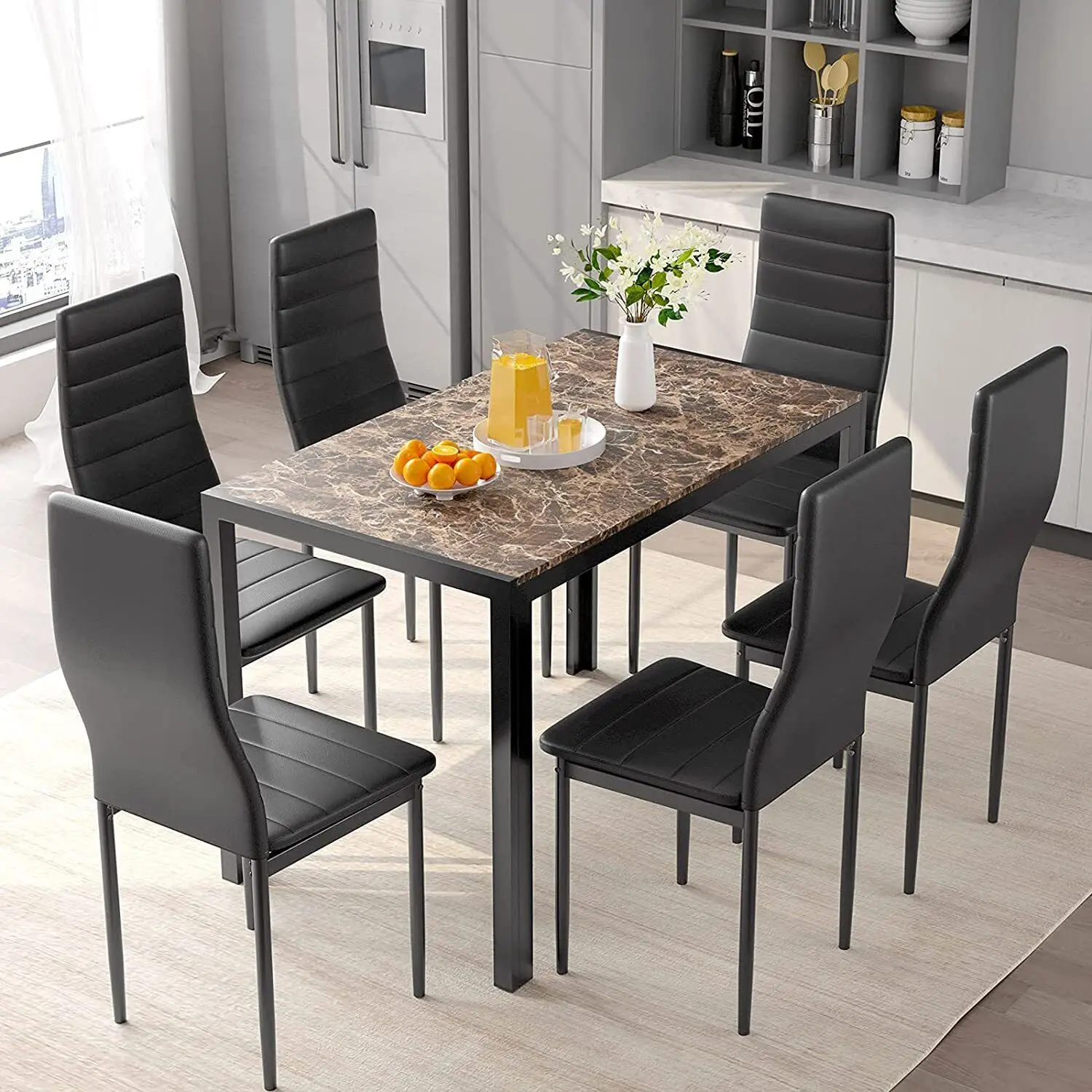 

7 Piece Dining Table Combination Kitchen Room Rectangular Table 6 Leather Chairs Dining Tables and Chairs Set