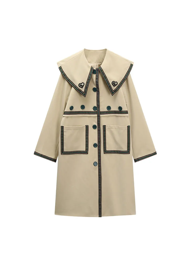 

Женский тренчкот с длинным рукавом, Элегантное длинное пальто в Корейском стиле с темно-синим воротником, свободная одежда, женская зимняя ...