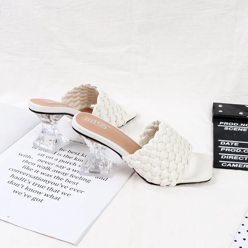 Large-size high-heeled slippers woven with crystal sandals 2022 summer joker black Transparent heel square toe women's shoes