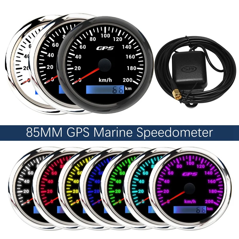 

85 мм GPS морской Спидометр 0-200 км/ч Спидометр с 7-цветной подсветкой цифровой одометр для яхт лодок