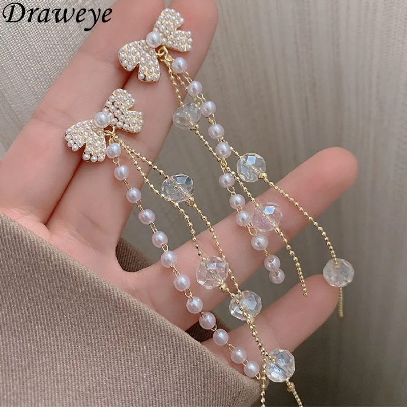 

Draweye Bow Crystal Jewelry for Women Elegant Tassels Pearls Earrings Sweet Elegant Cute Korean Fashion Drop Earrings