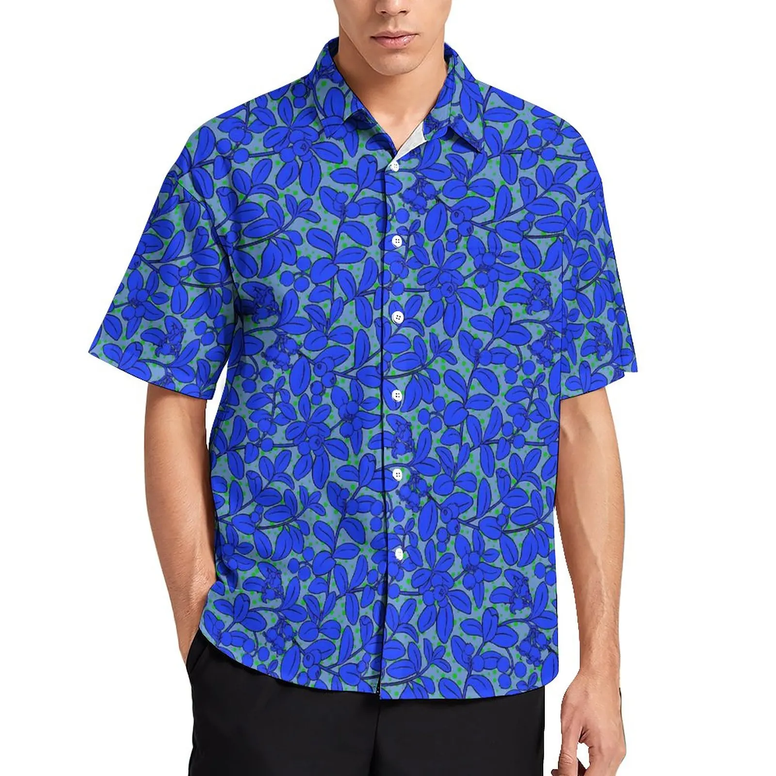 

Plants Print Loose Shirt Men Beach Blue Leaves Print Casual Shirts Hawaiian Custom Short-Sleeved Novelty Oversized Blouses