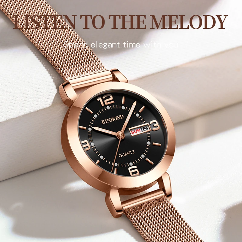 BINBONG Luxury Brand High Quality Quartz Women Watch Fashion Rose Gold Mesh Strap Casual Watch Women 30M Waterproof Reloj Mujer