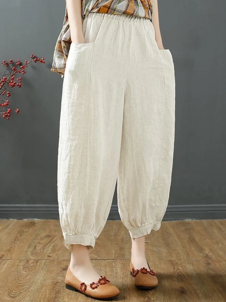 

2022New Summer Women's Pants Loose Ninth Pants Casual Linen Harem Pants Wide Legs Leggings Oversized Women Bottoms Pants