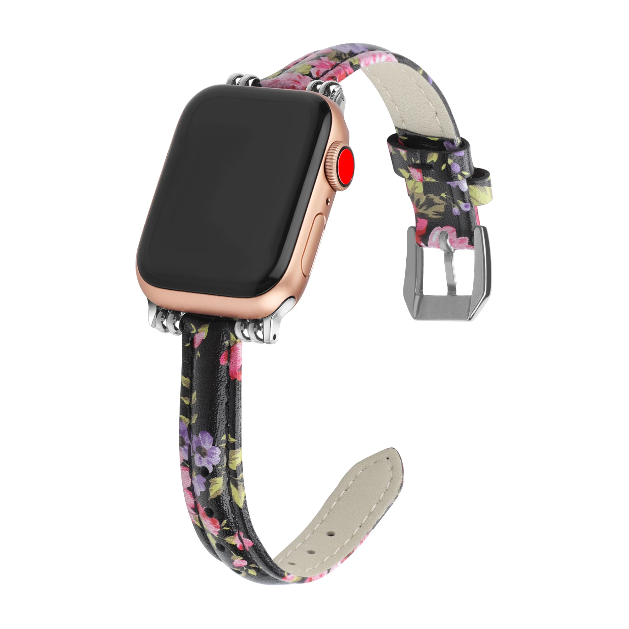 

Black Pink Floral Compatible with Apple Watch Band 38mm 42mm for iWatch SE Top Leather Slim Strap Wristband Series 7 6 5 4 3 21