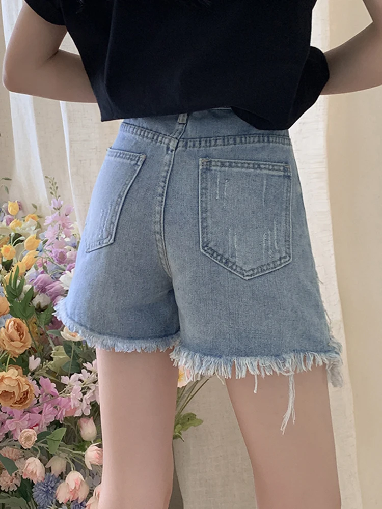 New Spring Summer Women High Waist Loose Frayed Hole Denim Shorts Streetwear Female Button Wide Leg Jeans Shorts