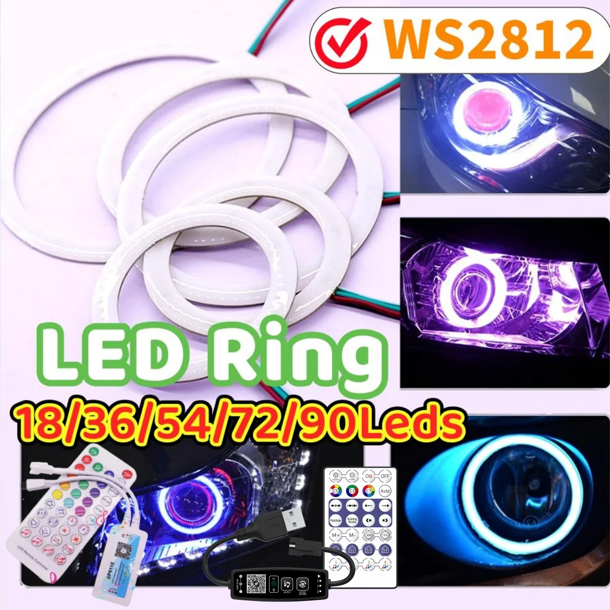 Фото Светодиодное кольцо Angel's Eye DC5V WS2812 FCOB RGB с 18/36/54/72/90 светодиодами, индивидуально адресуемые, контроллер LED с 28 клавишами / SP611e Bluetooth APP №5