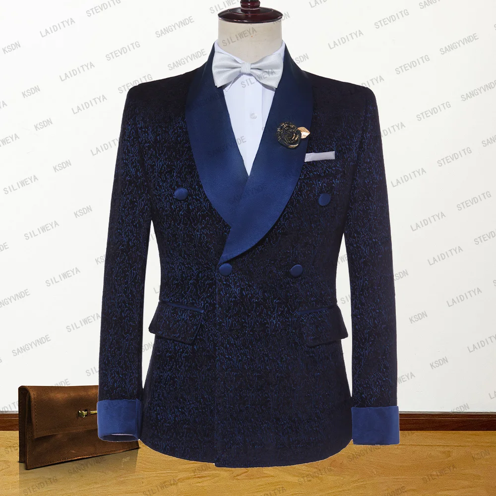 2023 New Fashion Wedding Satin Shawl Lapel Navy Blue Jacquard Men Suit Slim Fit Double Breasted Groom Tuxedo Jacket Blazer Coat